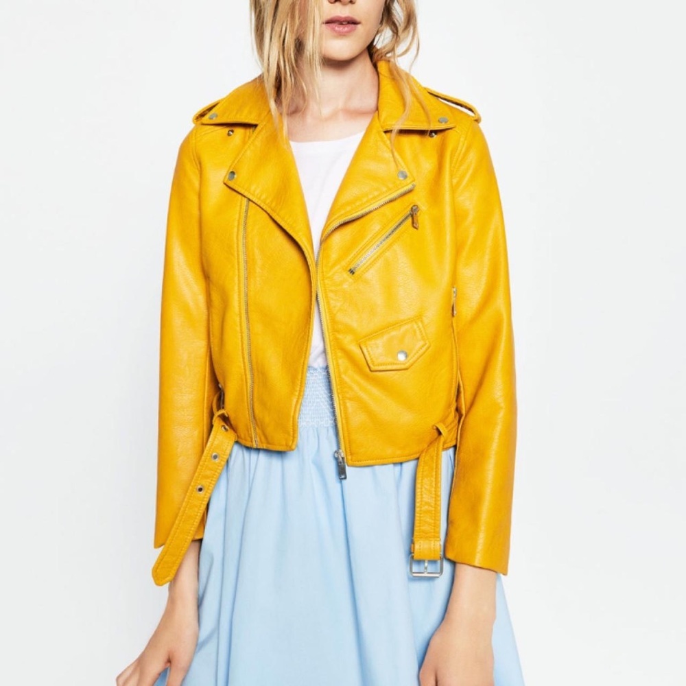 Zara Faux Leather Yellow Crop Moto Jacket